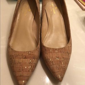Kate Spade cork/gold block heels in box